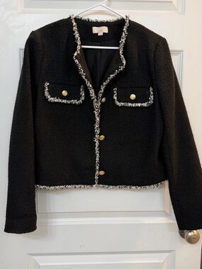 LOFT Black Tweed Cropped Jacket with Fringe Trim and Gold Buttons